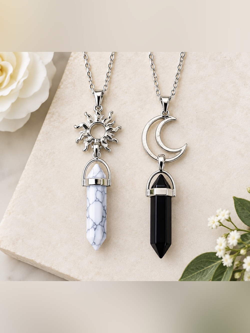 🌸 Obsidian Crystal Pendant with Crescent Moon with FREE sun Pendant